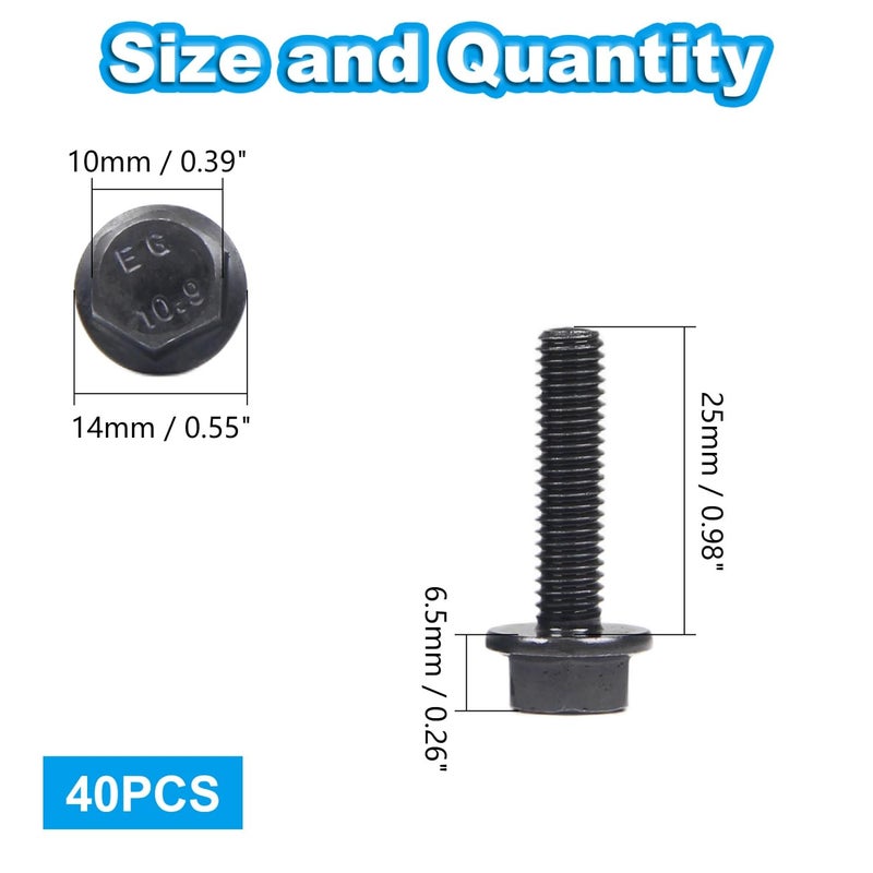 Yinpecly M6-1.0 x 25mm Flanged Hex Head Bolts Flange Hexagon Screws, External Flange Hex Drive Screws,Class 10.9 Black Finish,Alloy Steel, Fully Threaded, 40 PCS - Image 2